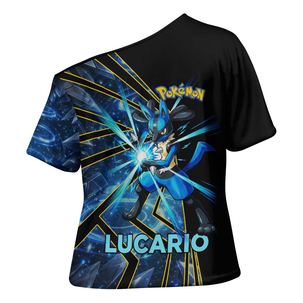 Lucario Poké Cross Shoulder Shirt Aura Blast Comic Style
