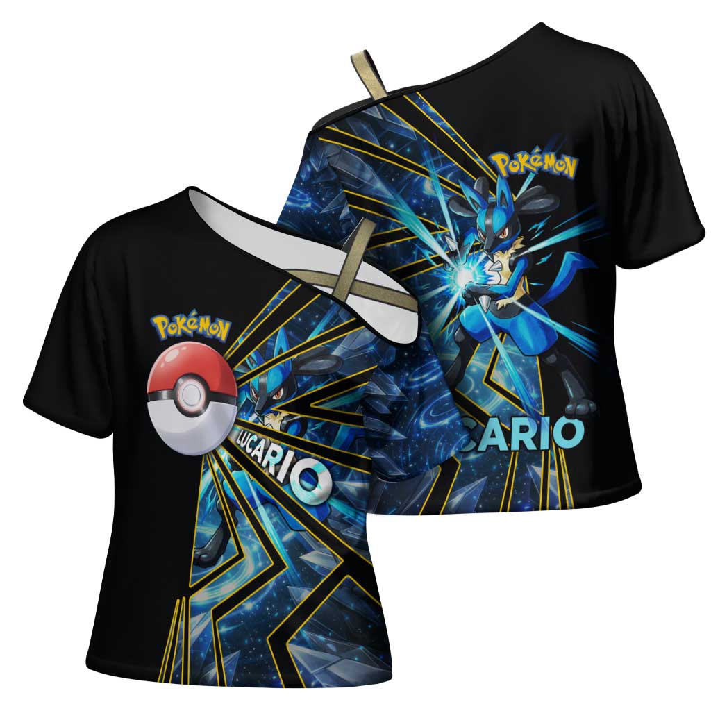 Lucario Poké Cross Shoulder Shirt Aura Blast Comic Style