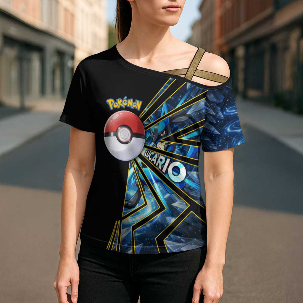 Lucario Poké Cross Shoulder Shirt Aura Blast Comic Style