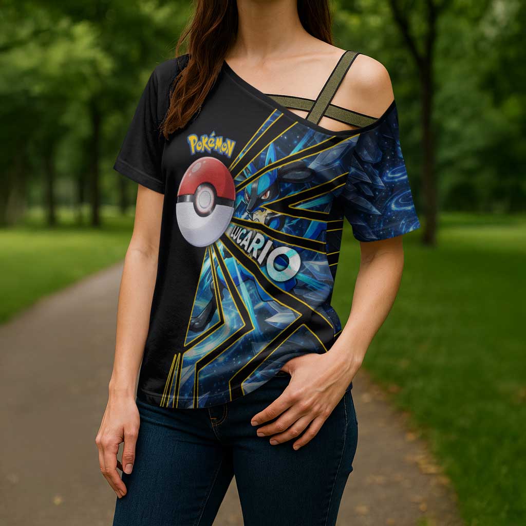 Lucario Poké Cross Shoulder Shirt Aura Blast Comic Style