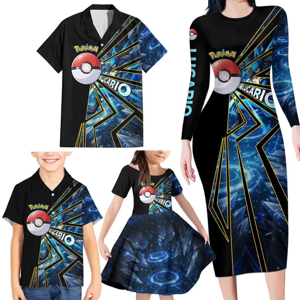 Lucario Poké Family Matching Long Sleeve Bodycon Dress and Hawaiian Shirt Aura Blast Comic Style