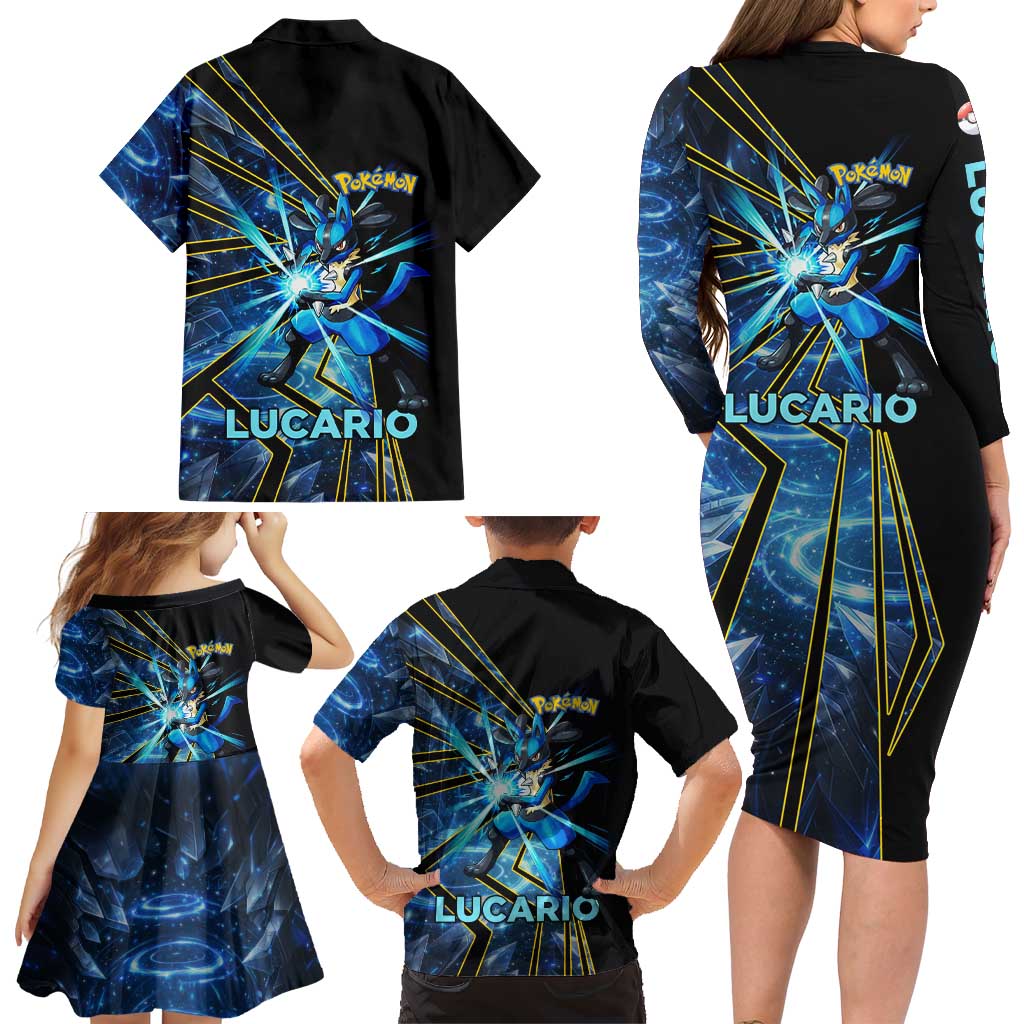 Lucario Poké Family Matching Long Sleeve Bodycon Dress and Hawaiian Shirt Aura Blast Comic Style