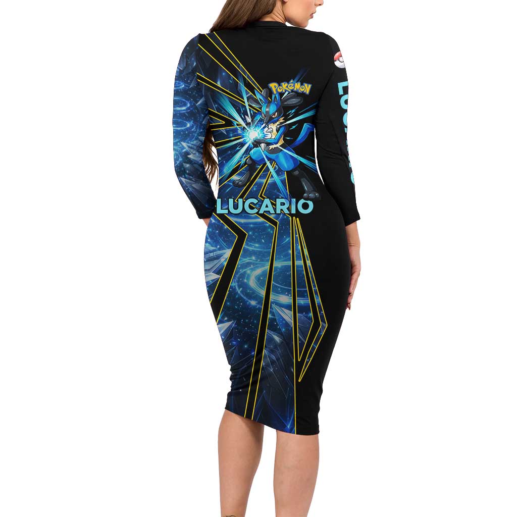 Lucario Poké Family Matching Long Sleeve Bodycon Dress and Hawaiian Shirt Aura Blast Comic Style