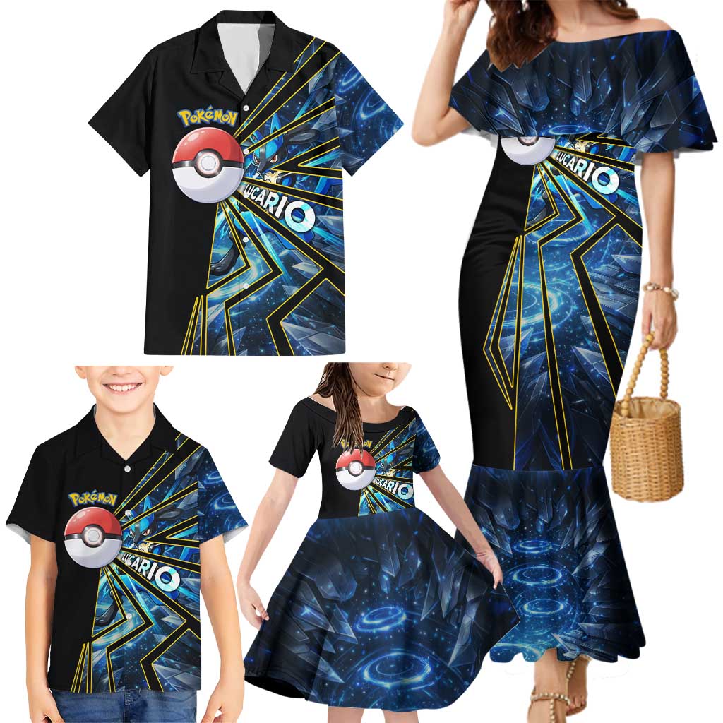 Lucario Poké Family Matching Mermaid Dress and Hawaiian Shirt Aura Blast Comic Style