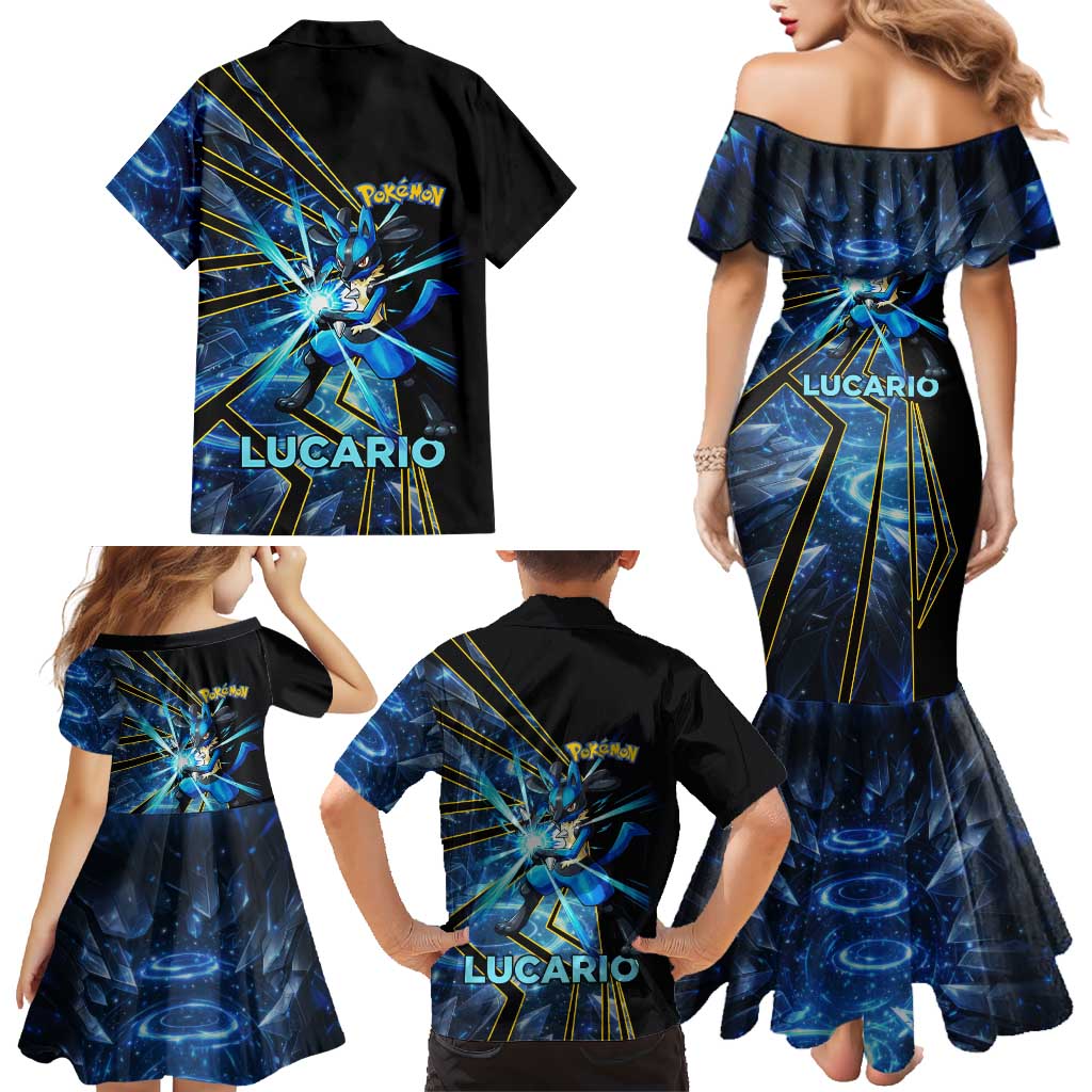Lucario Poké Family Matching Mermaid Dress and Hawaiian Shirt Aura Blast Comic Style