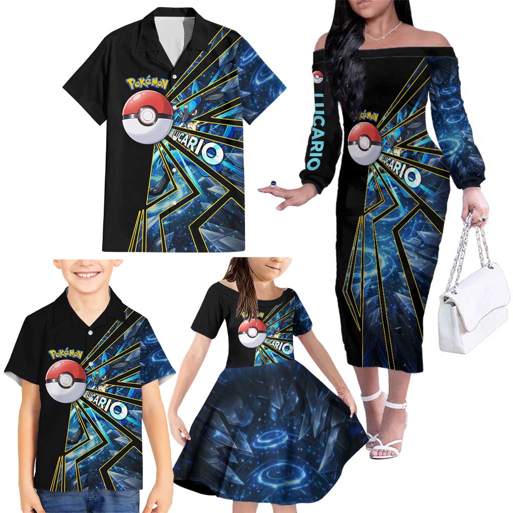 Lucario Poké Family Matching Off The Shoulder Long Sleeve Dress and Hawaiian Shirt Aura Blast Comic Style