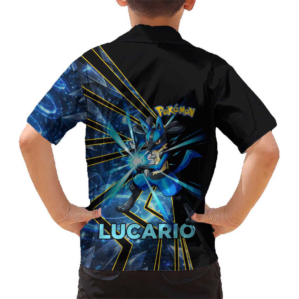 Lucario Poké Family Matching Off The Shoulder Long Sleeve Dress and Hawaiian Shirt Aura Blast Comic Style