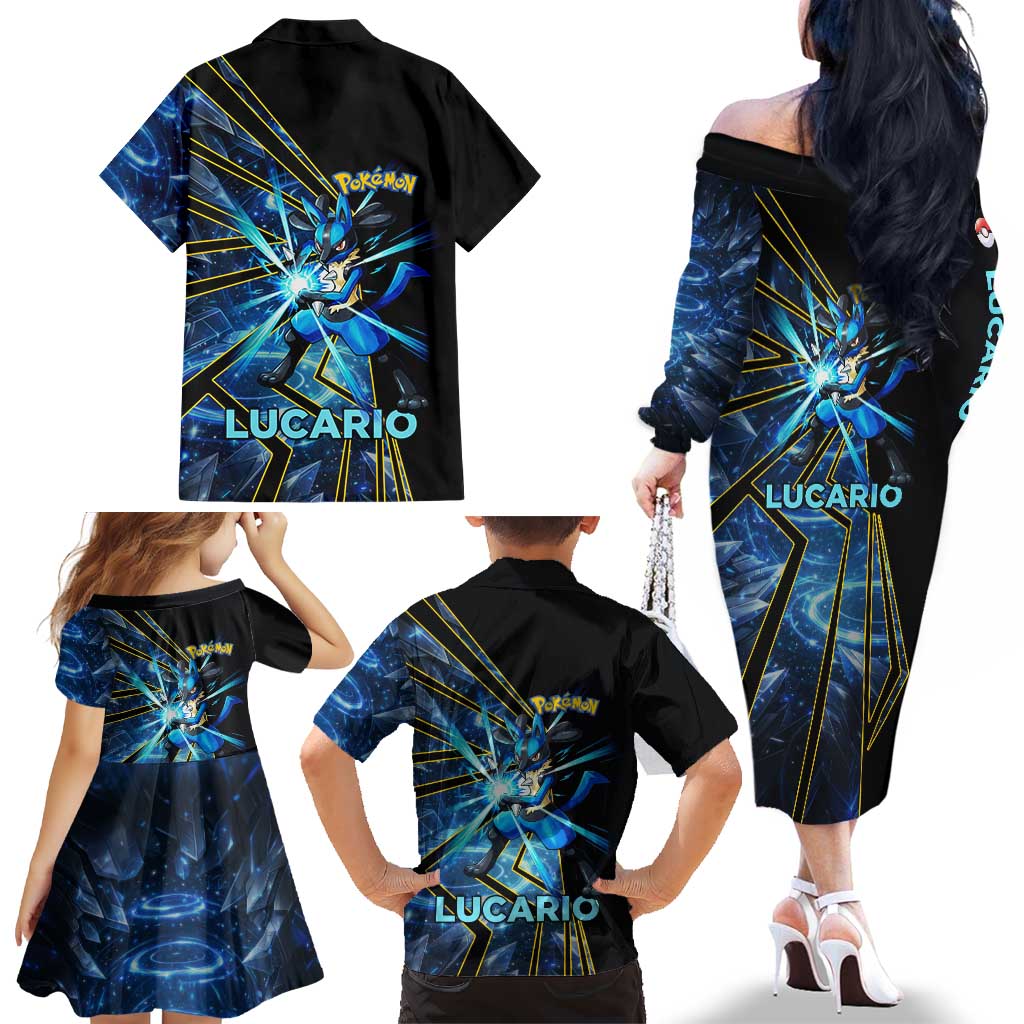 Lucario Poké Family Matching Off The Shoulder Long Sleeve Dress and Hawaiian Shirt Aura Blast Comic Style