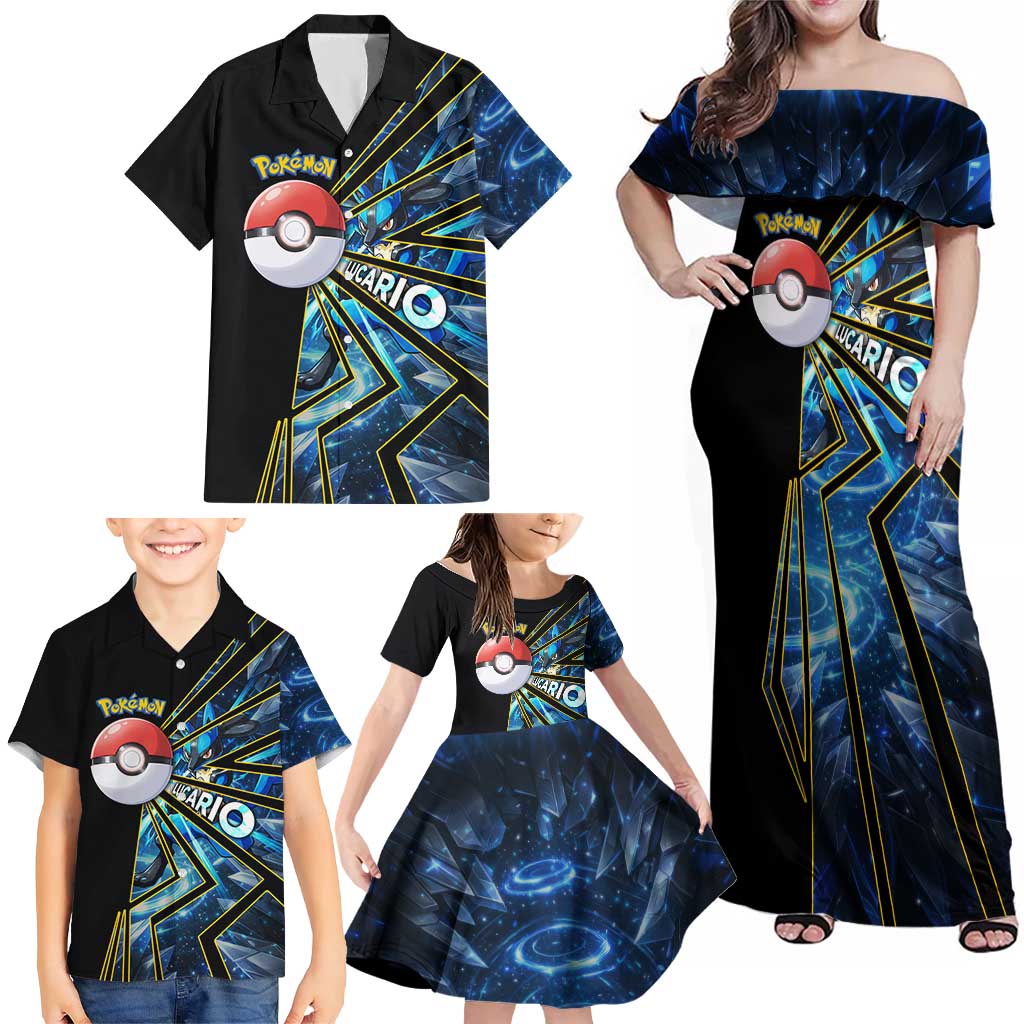 Lucario Poké Family Matching Off Shoulder Maxi Dress and Hawaiian Shirt Aura Blast Comic Style
