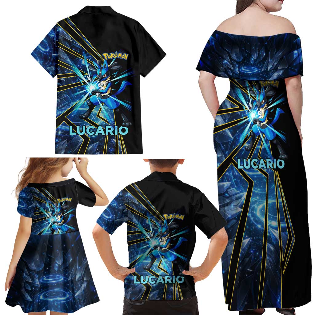 Lucario Poké Family Matching Off Shoulder Maxi Dress and Hawaiian Shirt Aura Blast Comic Style