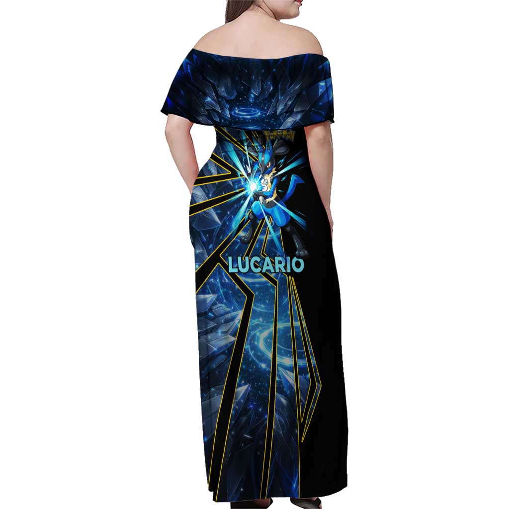 Lucario Poké Family Matching Off Shoulder Maxi Dress and Hawaiian Shirt Aura Blast Comic Style
