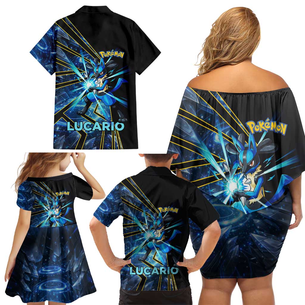 Lucario Poké Family Matching Off Shoulder Short Dress and Hawaiian Shirt Aura Blast Comic Style