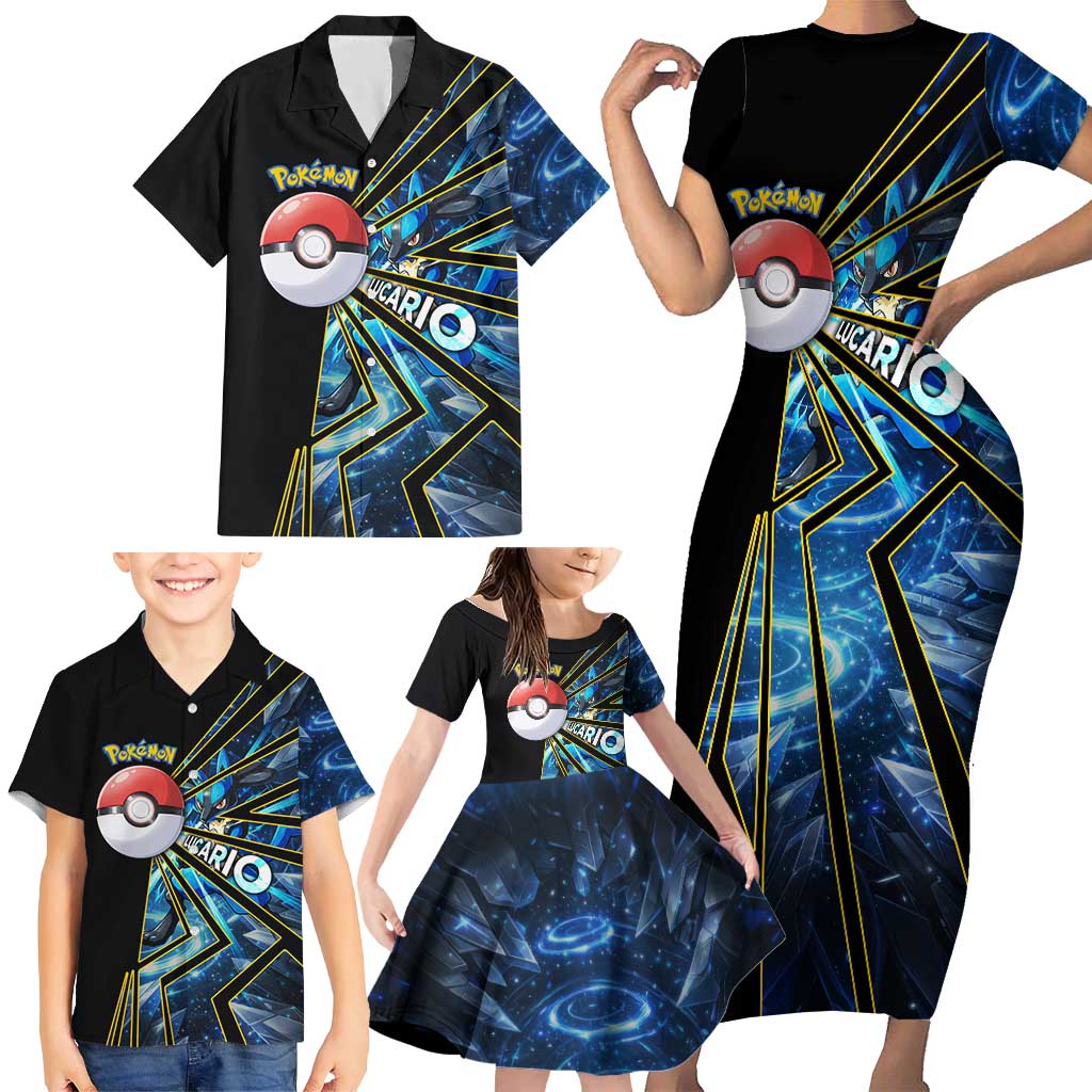 Lucario Poké Family Matching Short Sleeve Bodycon Dress and Hawaiian Shirt Aura Blast Comic Style