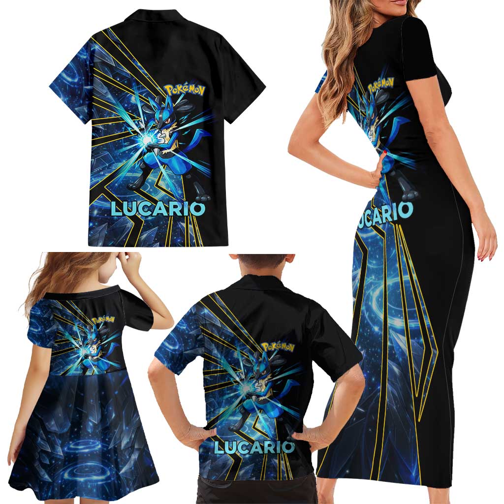 Lucario Poké Family Matching Short Sleeve Bodycon Dress and Hawaiian Shirt Aura Blast Comic Style