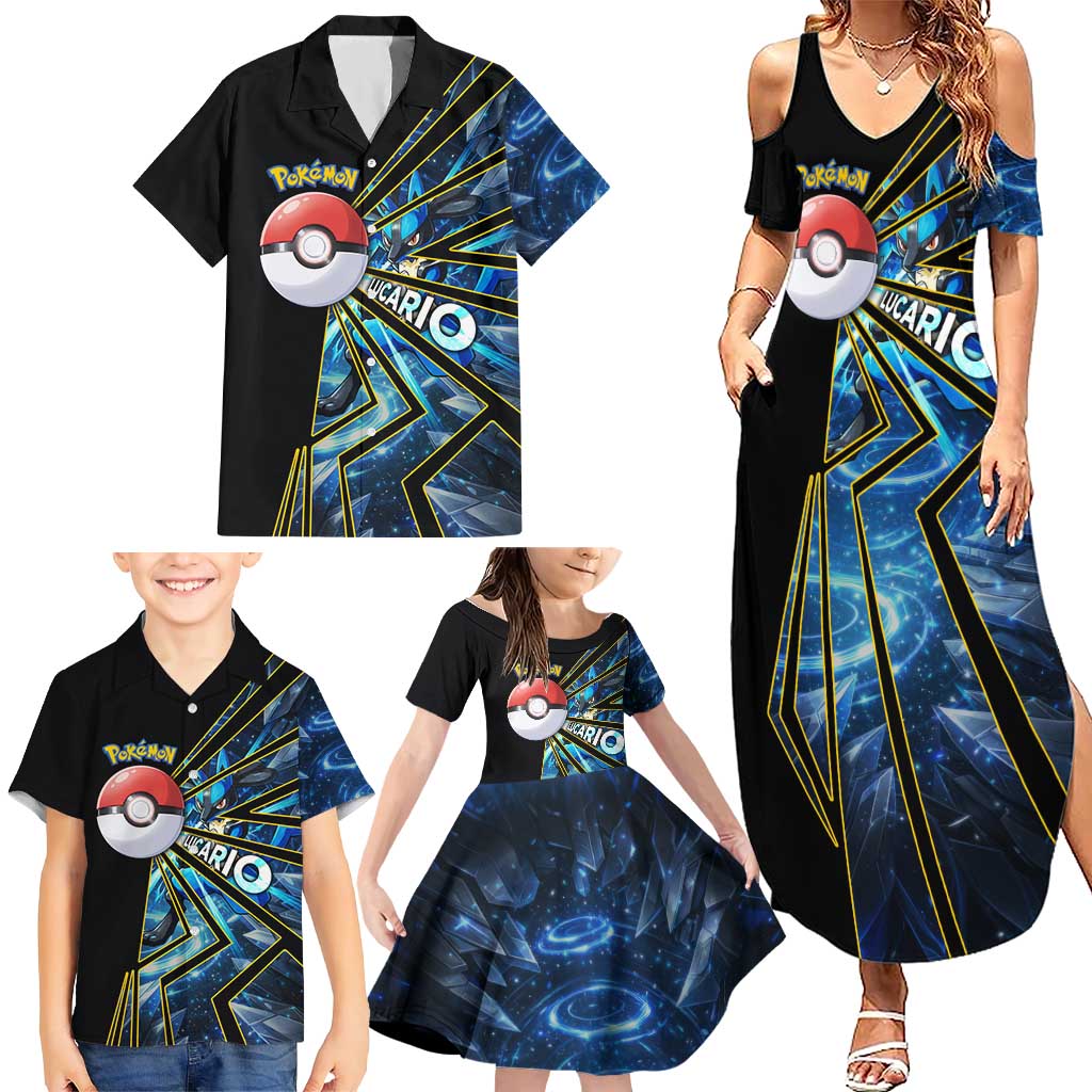Lucario Poké Family Matching Summer Maxi Dress and Hawaiian Shirt Aura Blast Comic Style