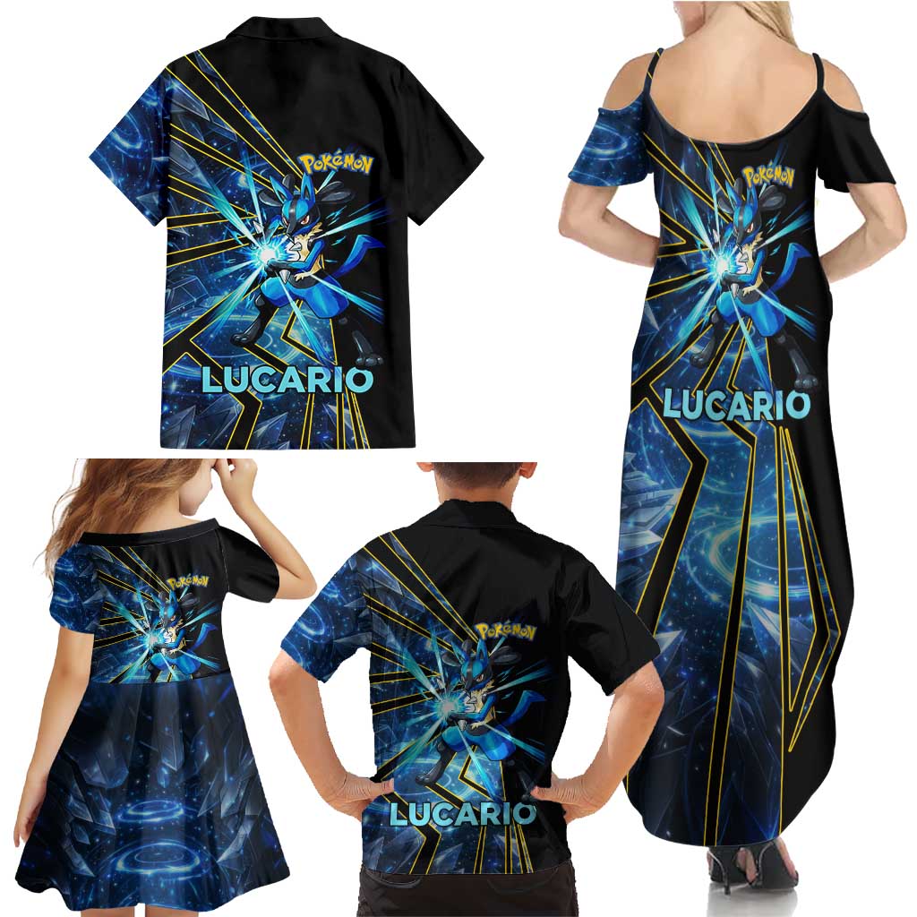 Lucario Poké Family Matching Summer Maxi Dress and Hawaiian Shirt Aura Blast Comic Style