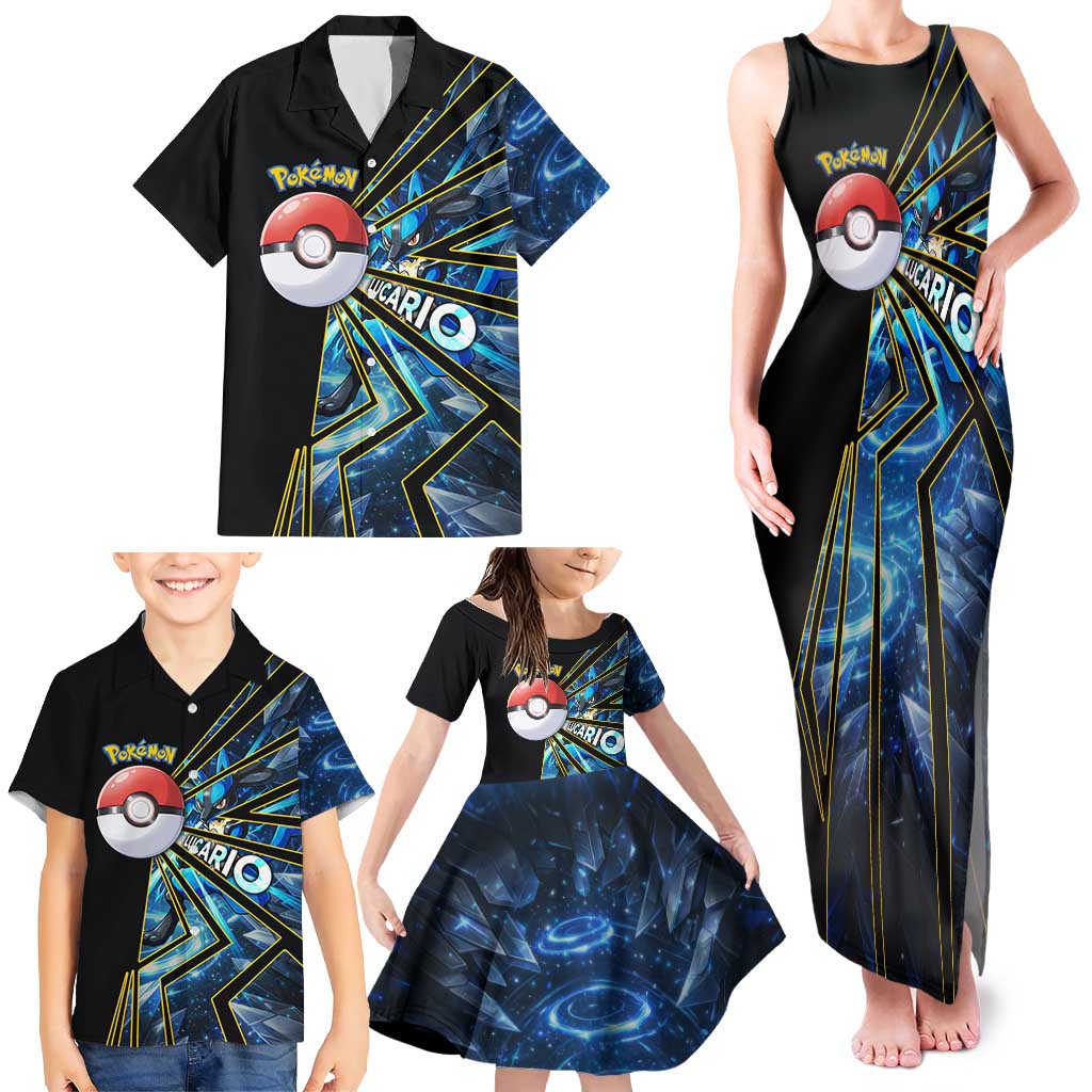 Lucario Poké Family Matching Tank Maxi Dress and Hawaiian Shirt Aura Blast Comic Style