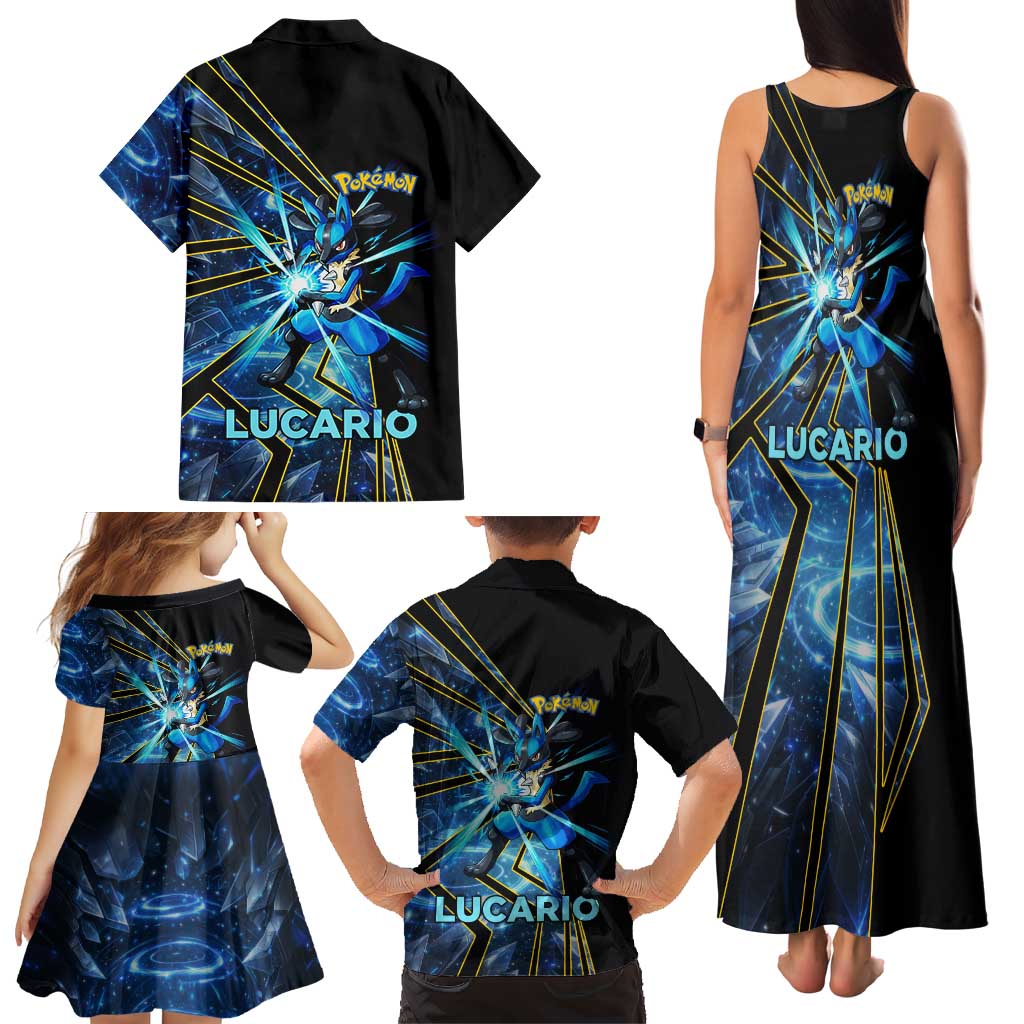 Lucario Poké Family Matching Tank Maxi Dress and Hawaiian Shirt Aura Blast Comic Style