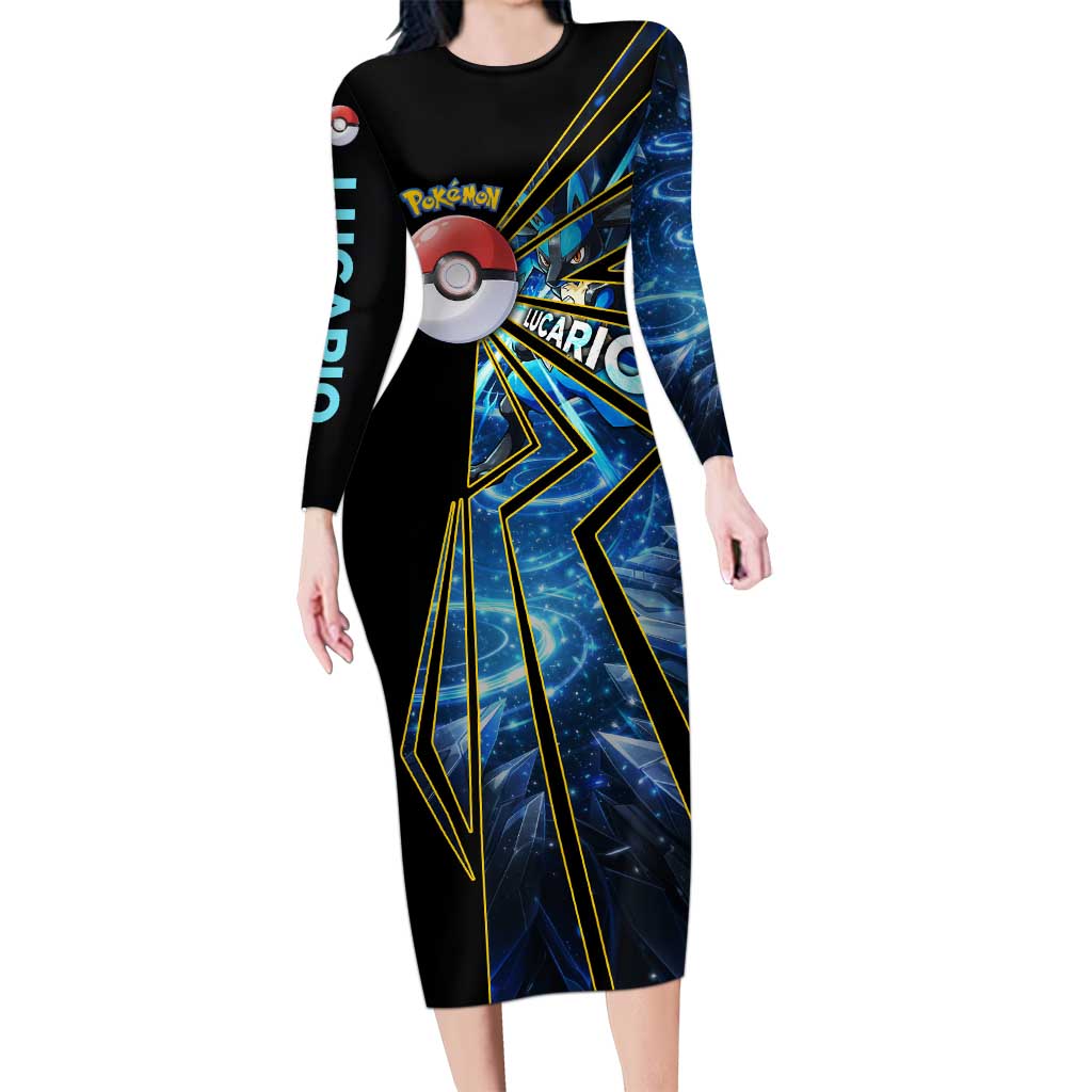 Lucario Poké Long Sleeve Bodycon Dress Aura Blast Comic Style