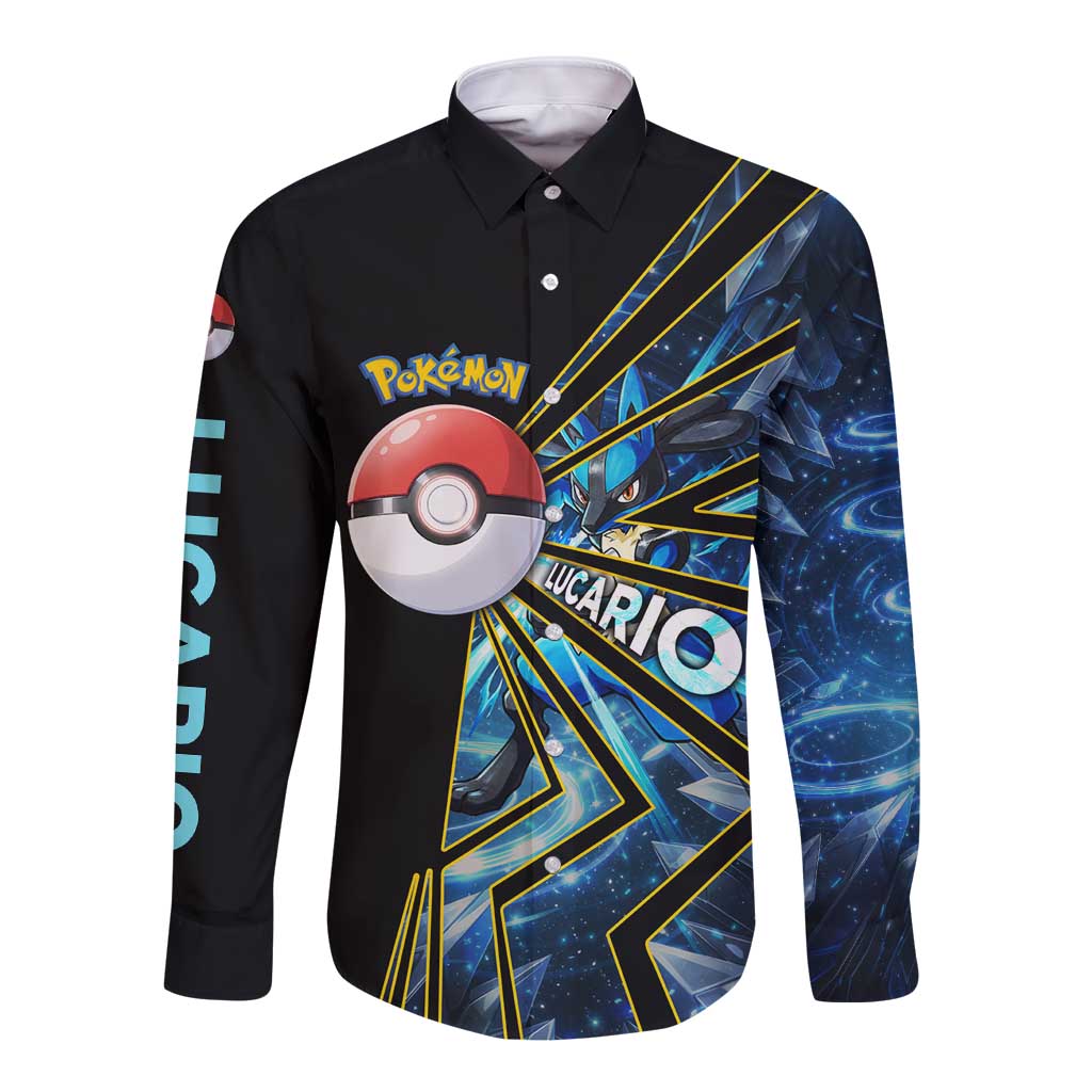 Lucario Poké Long Sleeve Button Shirt Aura Blast Comic Style