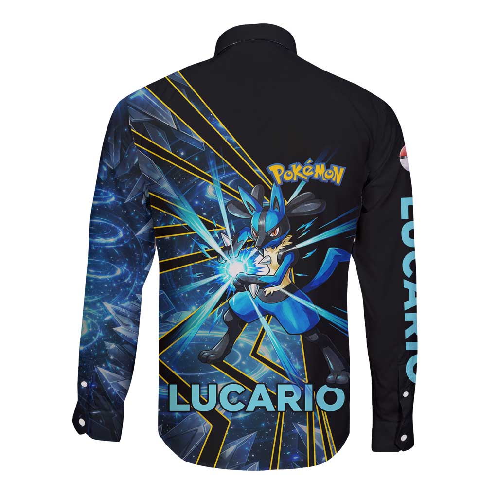 Lucario Poké Long Sleeve Button Shirt Aura Blast Comic Style