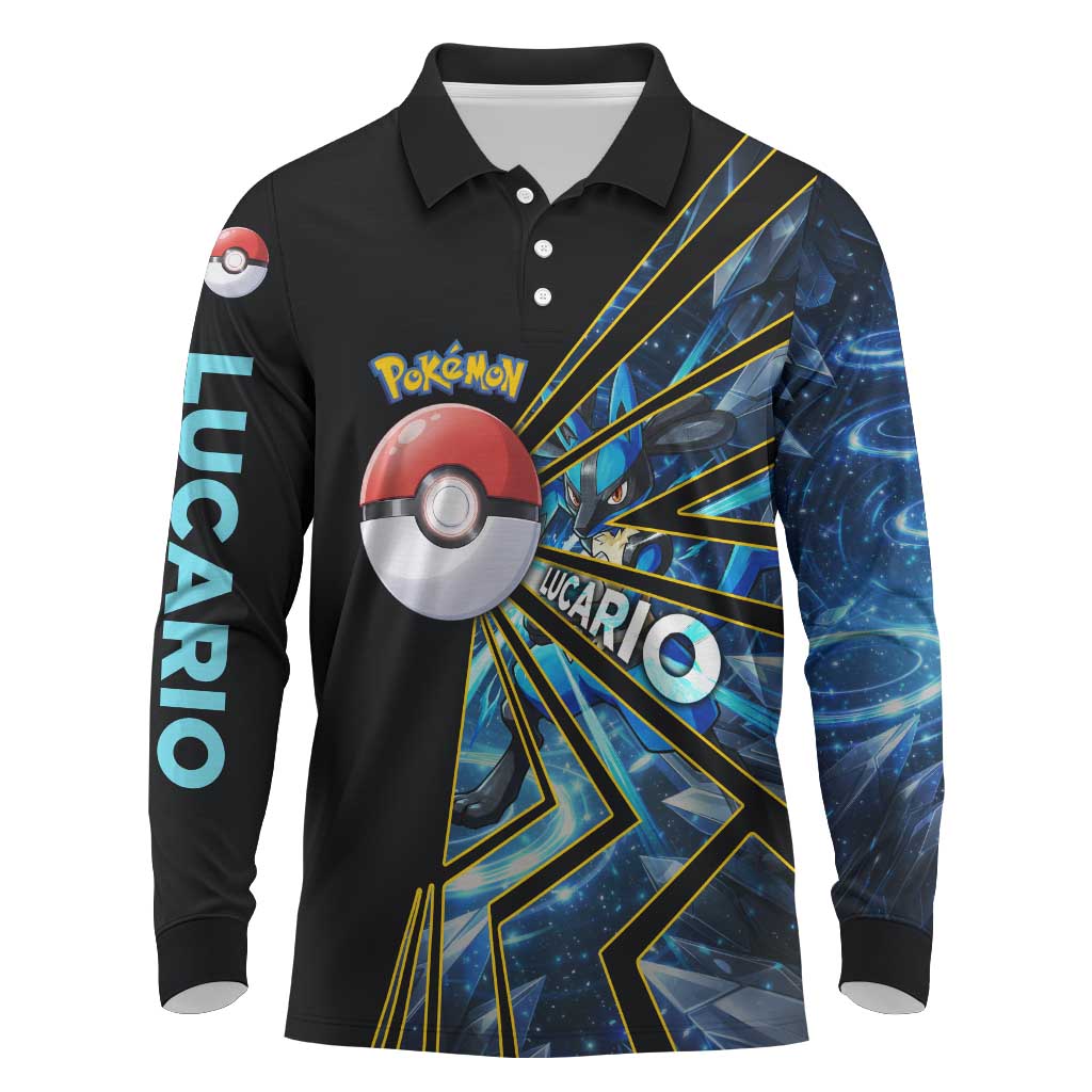 Lucario Poké Long Sleeve Polo Shirt Aura Blast Comic Style