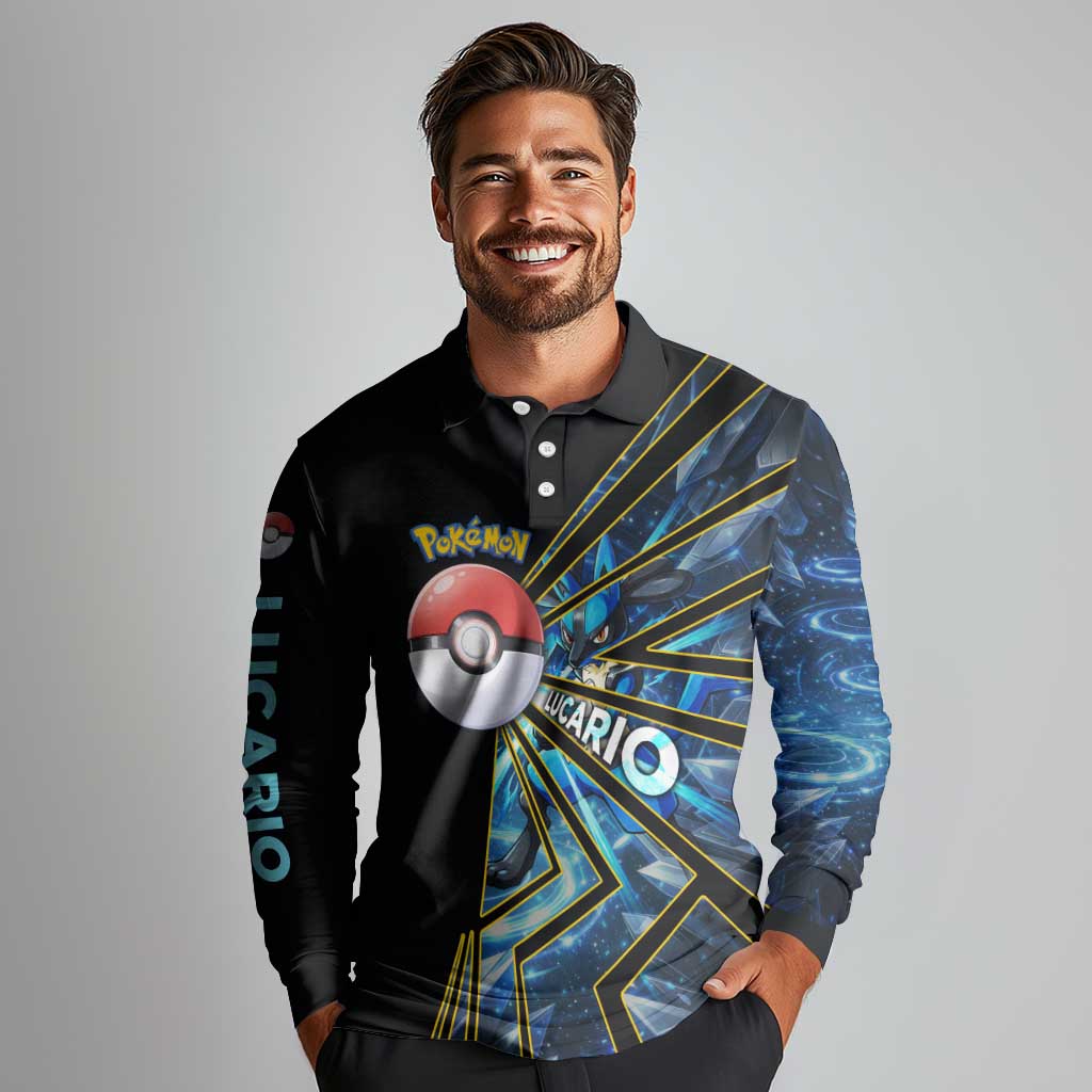 Lucario Poké Long Sleeve Polo Shirt Aura Blast Comic Style