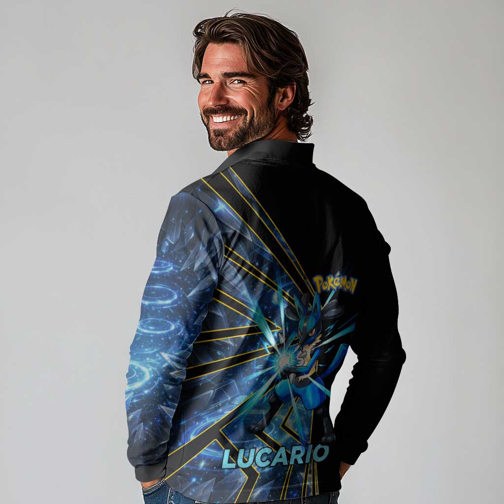 Lucario Poké Long Sleeve Polo Shirt Aura Blast Comic Style