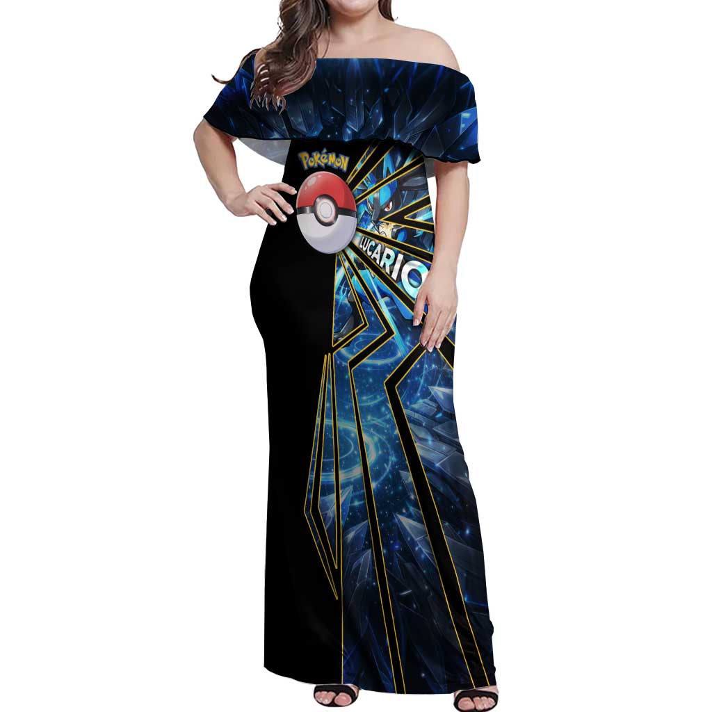 Lucario Poké Off Shoulder Maxi Dress Aura Blast Comic Style