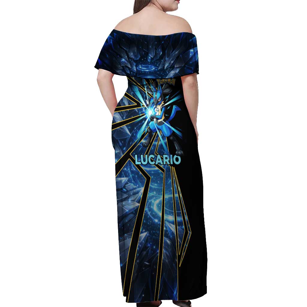 Lucario Poké Off Shoulder Maxi Dress Aura Blast Comic Style