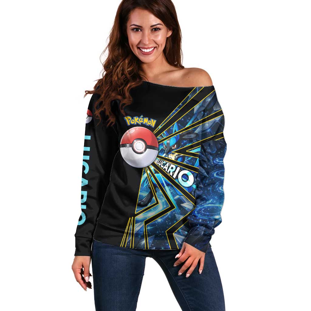 Lucario Poké Off Shoulder Sweater Aura Blast Comic Style