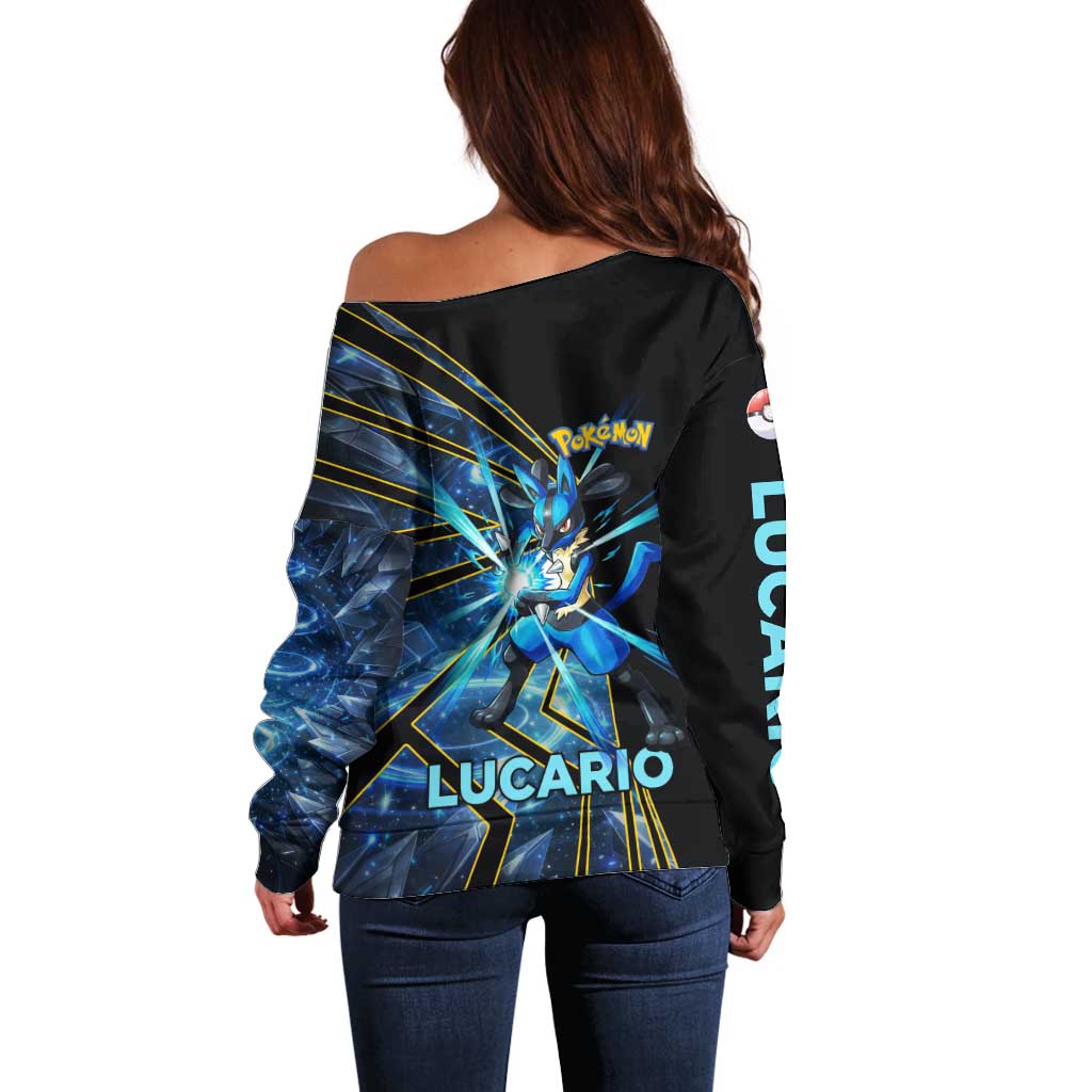 Lucario Poké Off Shoulder Sweater Aura Blast Comic Style