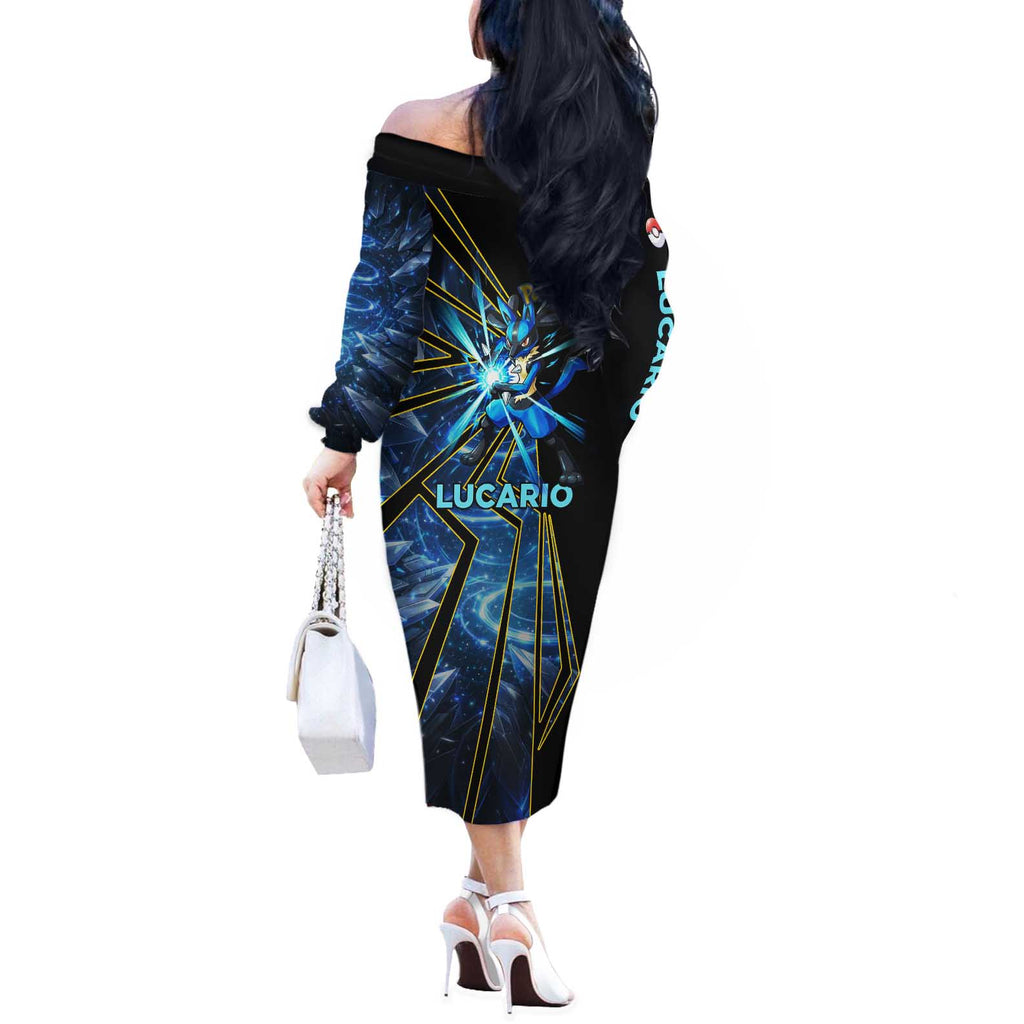 Lucario Poké Off The Shoulder Long Sleeve Dress Aura Blast Comic Style