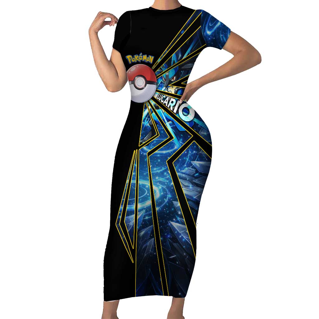 Lucario Poké Short Sleeve Bodycon Dress Aura Blast Comic Style