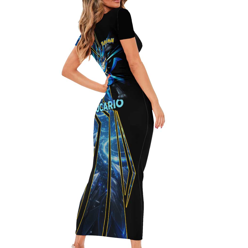 Lucario Poké Short Sleeve Bodycon Dress Aura Blast Comic Style