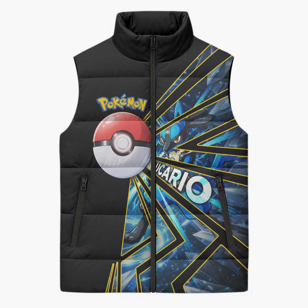 Lucario Poké Sleeveless Puffer Jacket Aura Blast Comic Style