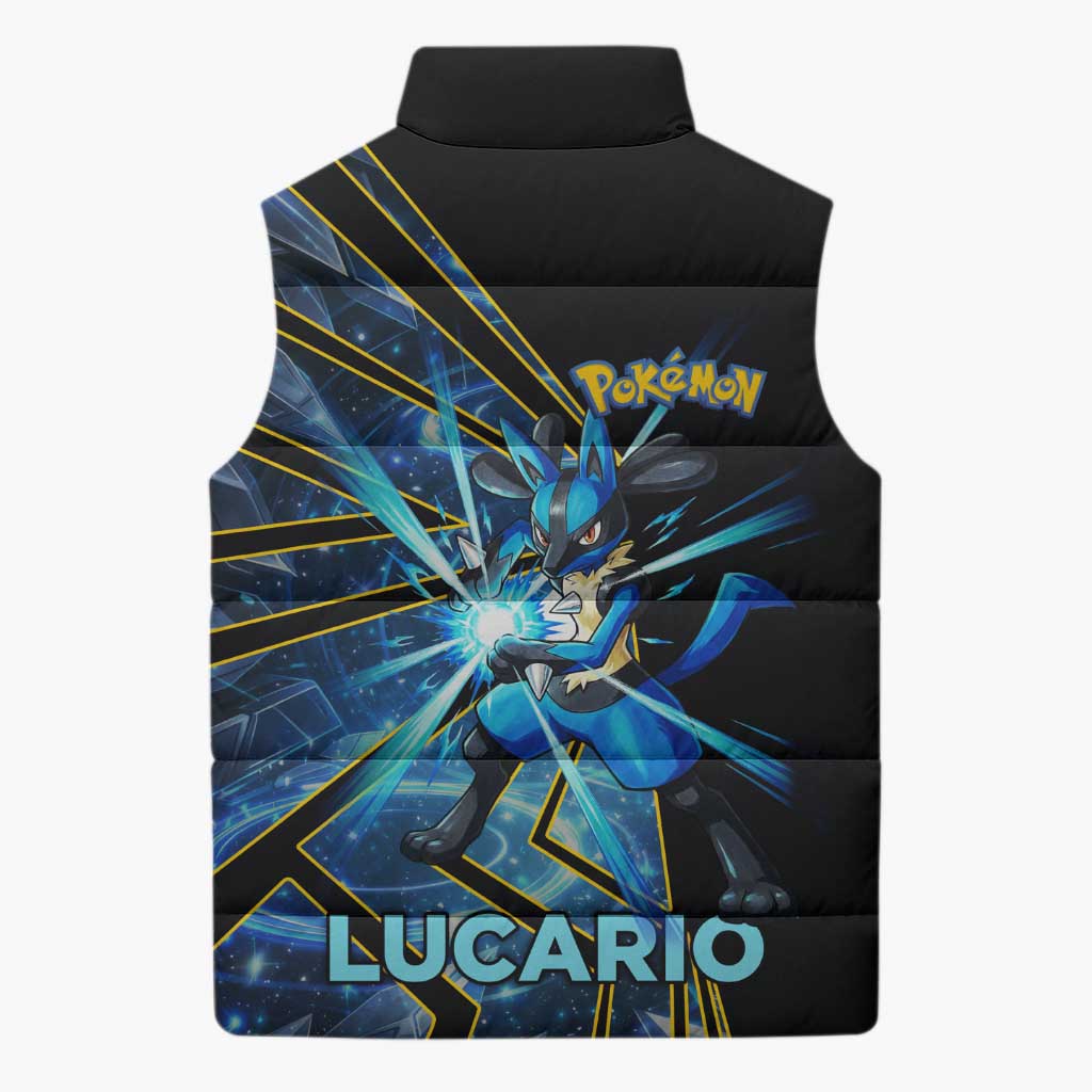Lucario Poké Sleeveless Puffer Jacket Aura Blast Comic Style