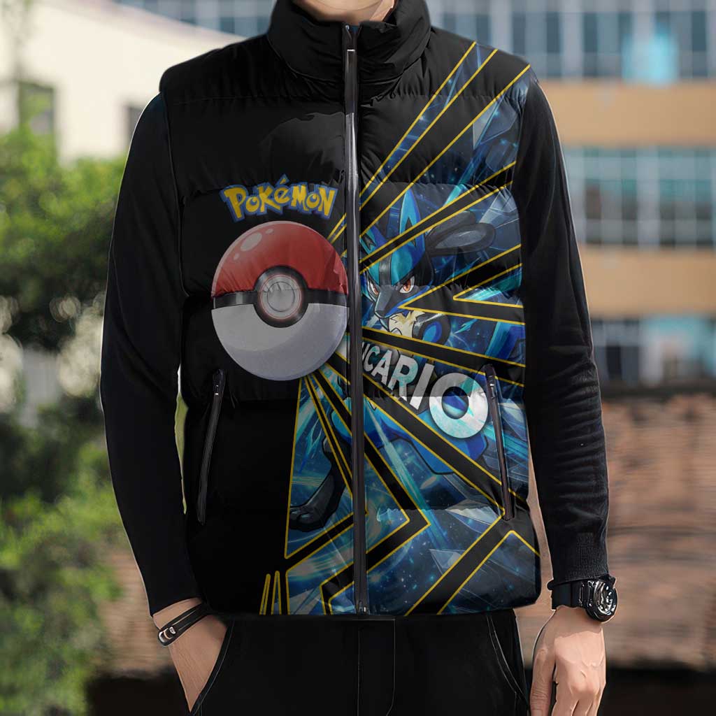 Lucario Poké Sleeveless Puffer Jacket Aura Blast Comic Style