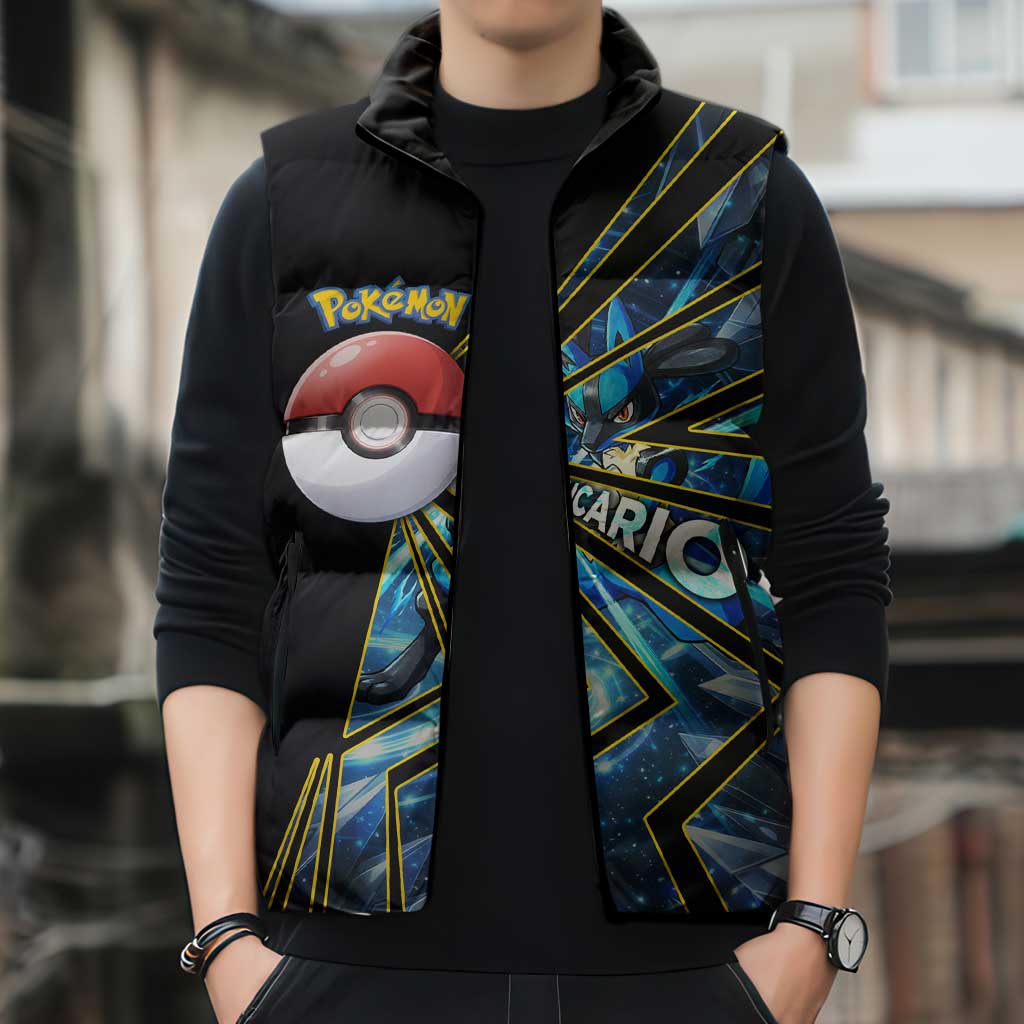 Lucario Poké Sleeveless Puffer Jacket Aura Blast Comic Style