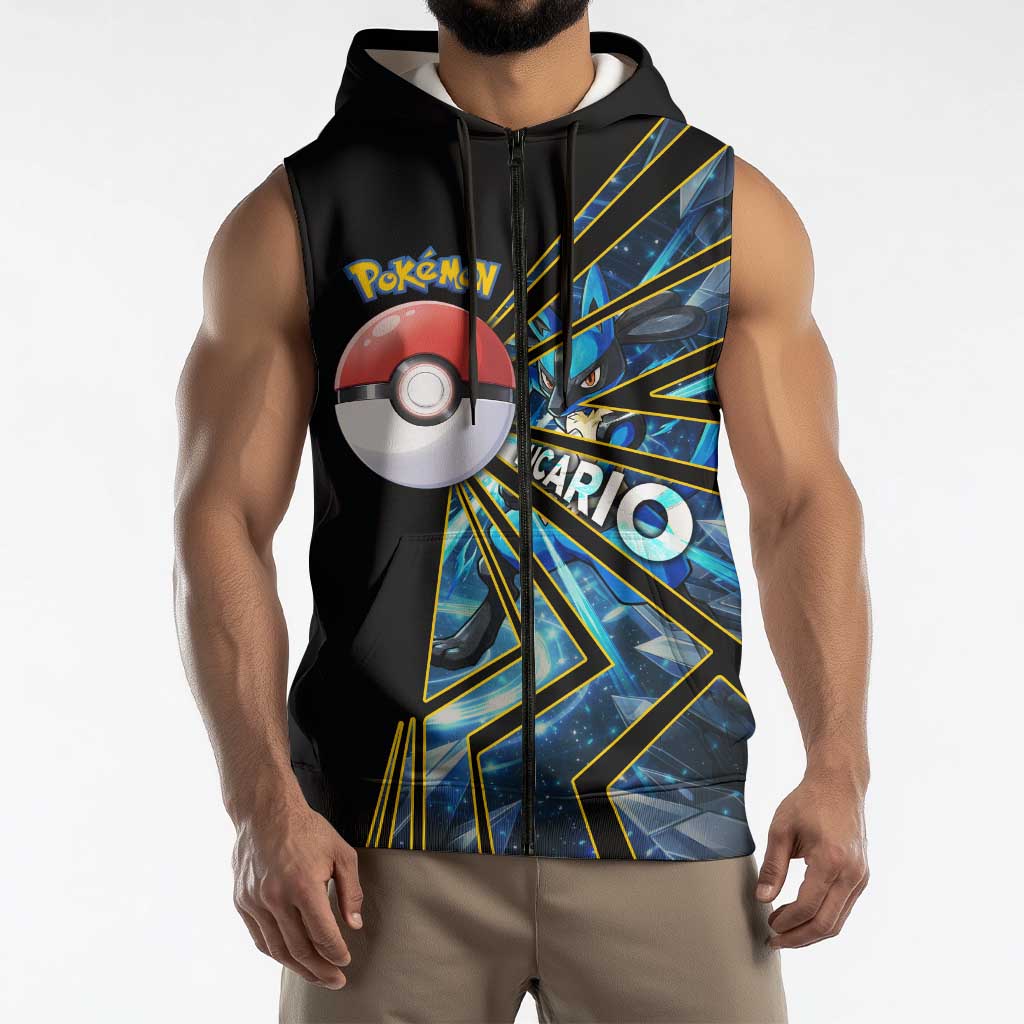Lucario Poké Sleeveless Zip Hoodie Aura Blast Comic Style