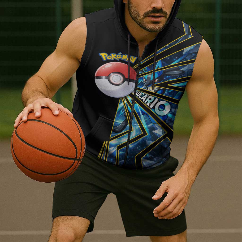 Lucario Poké Sleeveless Zip Hoodie Aura Blast Comic Style