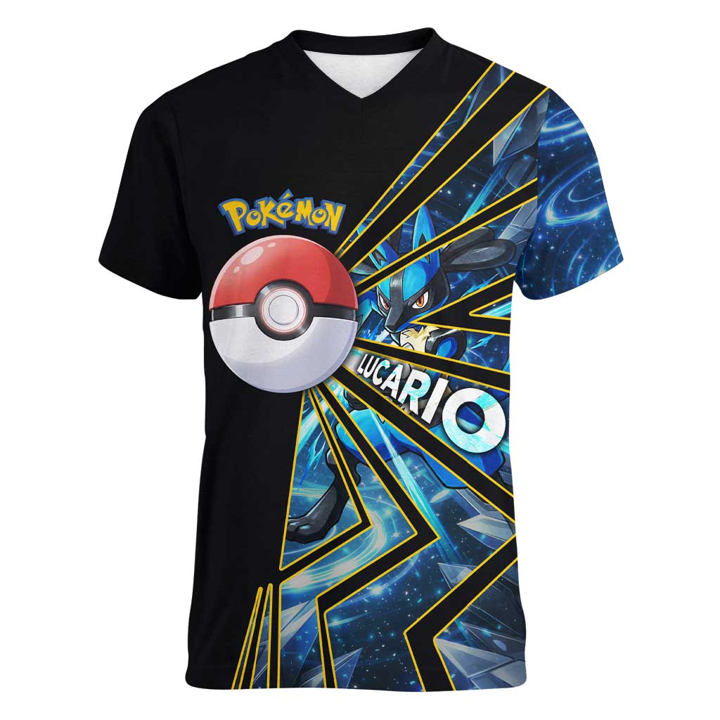 Lucario Poké Women V-Neck T-Shirt Aura Blast Comic Style