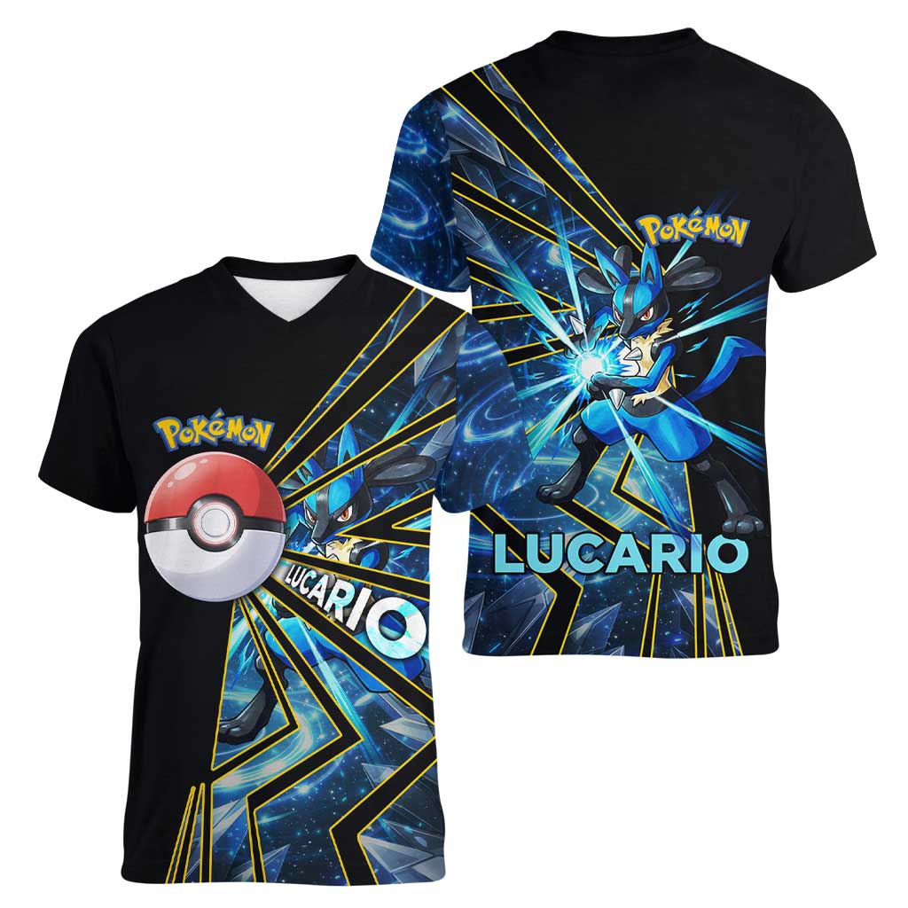 Lucario Poké Women V-Neck T-Shirt Aura Blast Comic Style