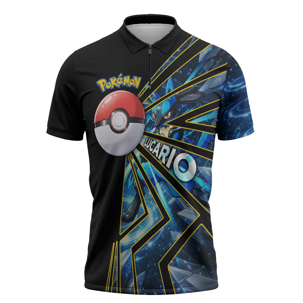 Lucario Poké Zipper Polo Shirt Aura Blast Comic Style