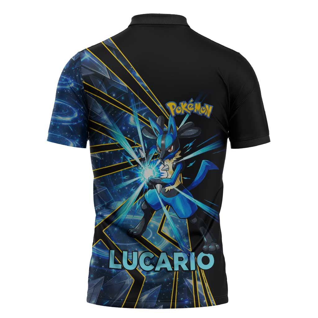 Lucario Poké Zipper Polo Shirt Aura Blast Comic Style