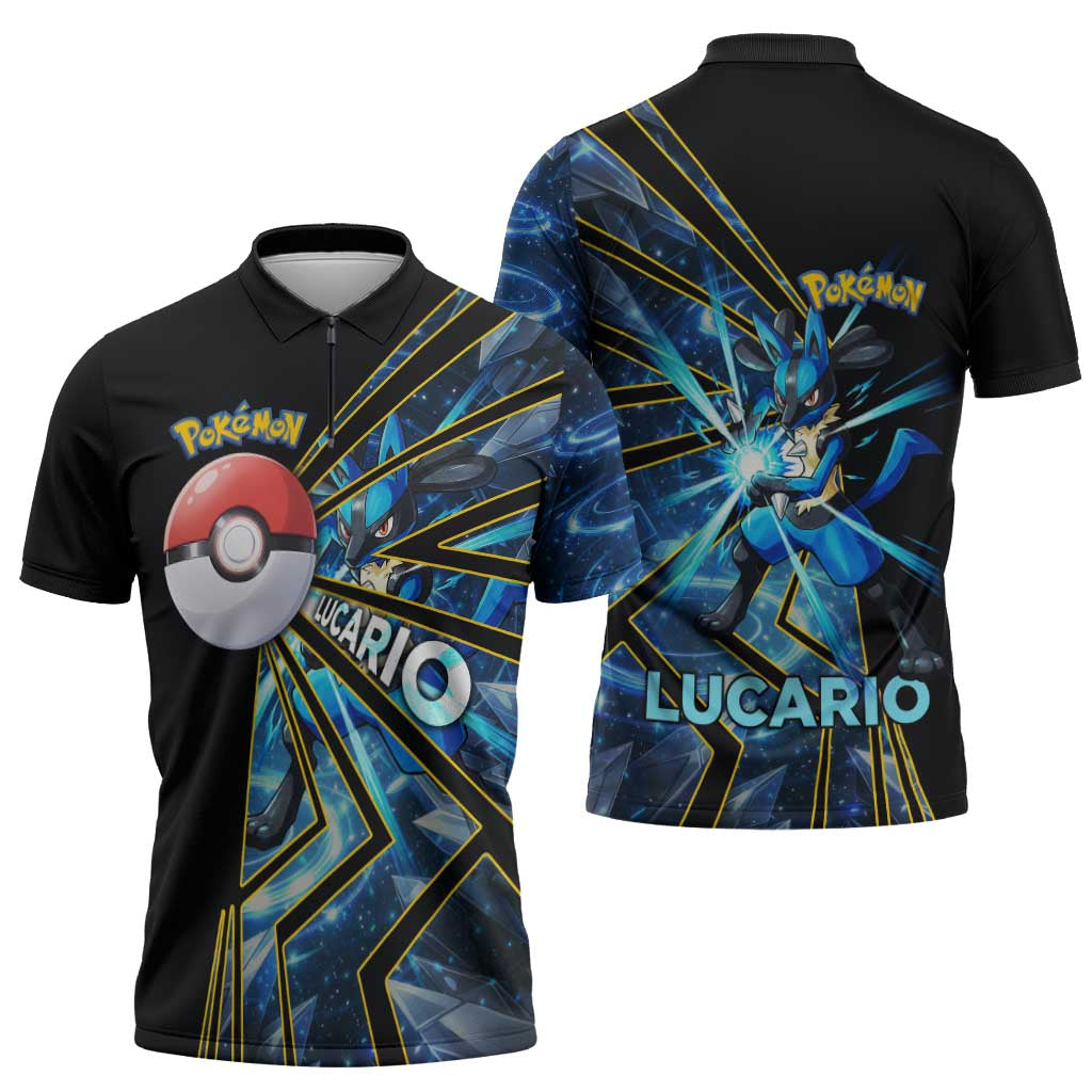 Lucario Poké Zipper Polo Shirt Aura Blast Comic Style