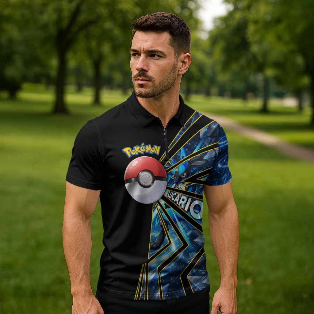 Lucario Poké Zipper Polo Shirt Aura Blast Comic Style