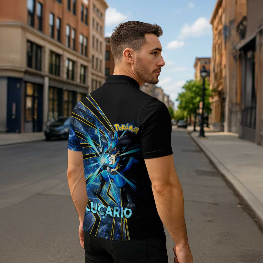 Lucario Poké Zipper Polo Shirt Aura Blast Comic Style