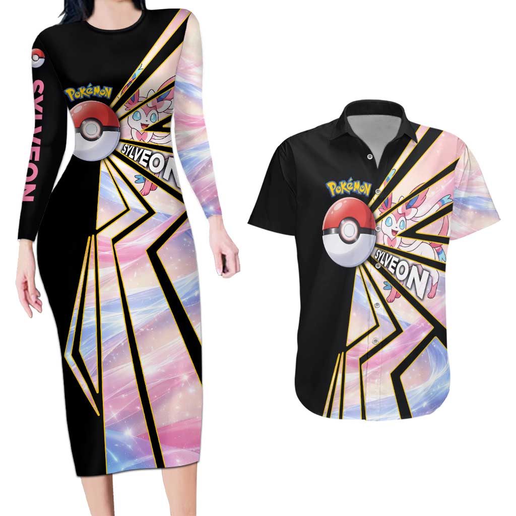 Sylveon Poké Couples Matching Long Sleeve Bodycon Dress and Hawaiian Shirt Pastel Ribbon Comic Style