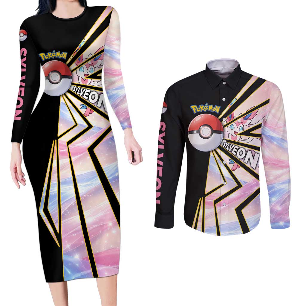 Sylveon Poké Couples Matching Long Sleeve Bodycon Dress and Long Sleeve Button Shirt Pastel Ribbon Comic Style